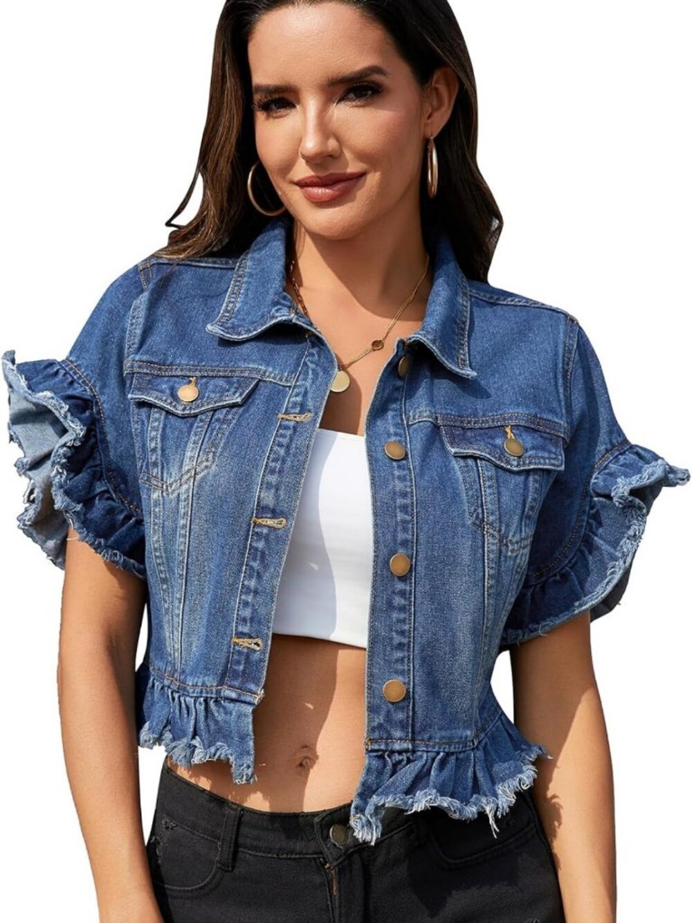 Cropped Denim Jacket for Women | Short Sleeve Ruffle Design | Trendy Casual Wear